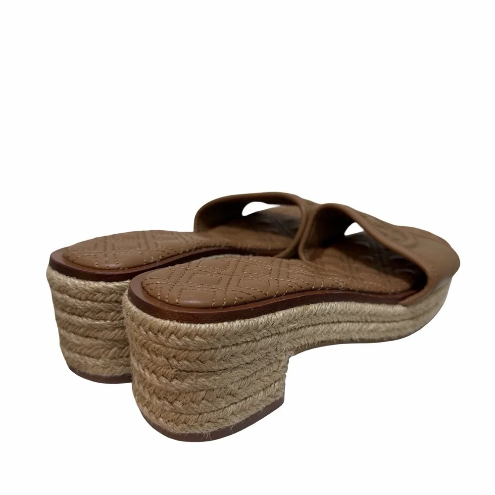 Tory Burch Fleming Leather Espadrille Block Heel Sandals Size 5 Brown NWOB